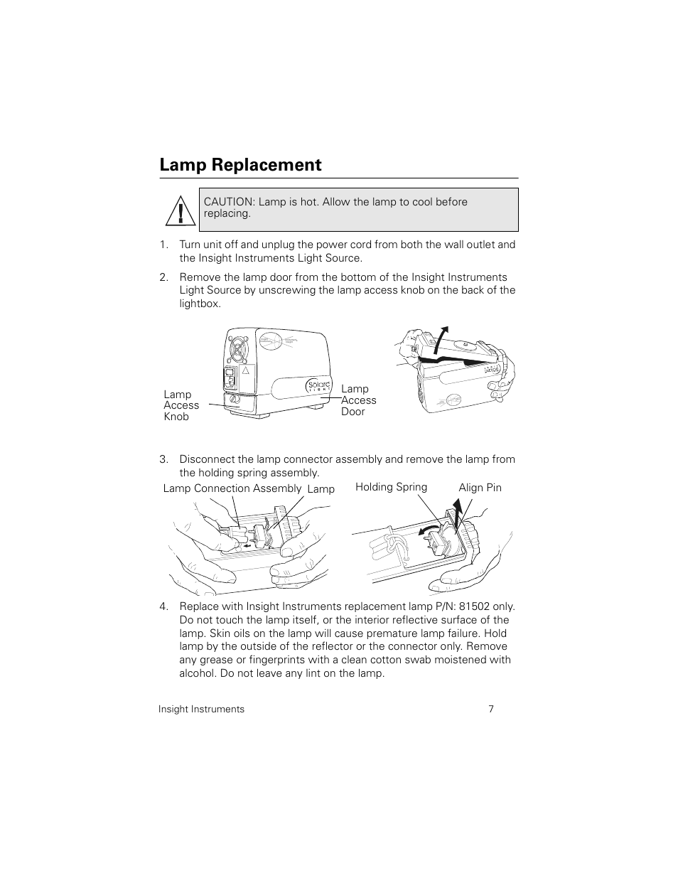 Lamp replacement, Insight instruments 7 | Welch Allyn Insight Instruments Solarc Light Source - User Manual User Manual | Page 11 / 20