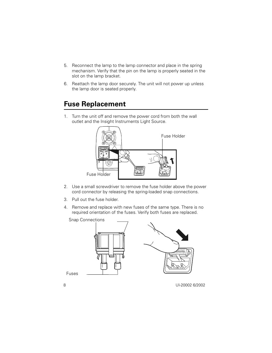 Fuse replacement, Pull out the fuse holder | Welch Allyn Insight Instruments Solarc Light Source - User Manual User Manual | Page 12 / 20