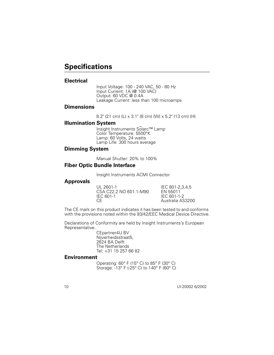 Specifications, Electrical, Dimensions | Illumination system, Dimming system, Fiber optic bundle interface, Approvals, Environment | Welch Allyn Insight Instruments Solarc Light Source - User Manual User Manual | Page 14 / 20