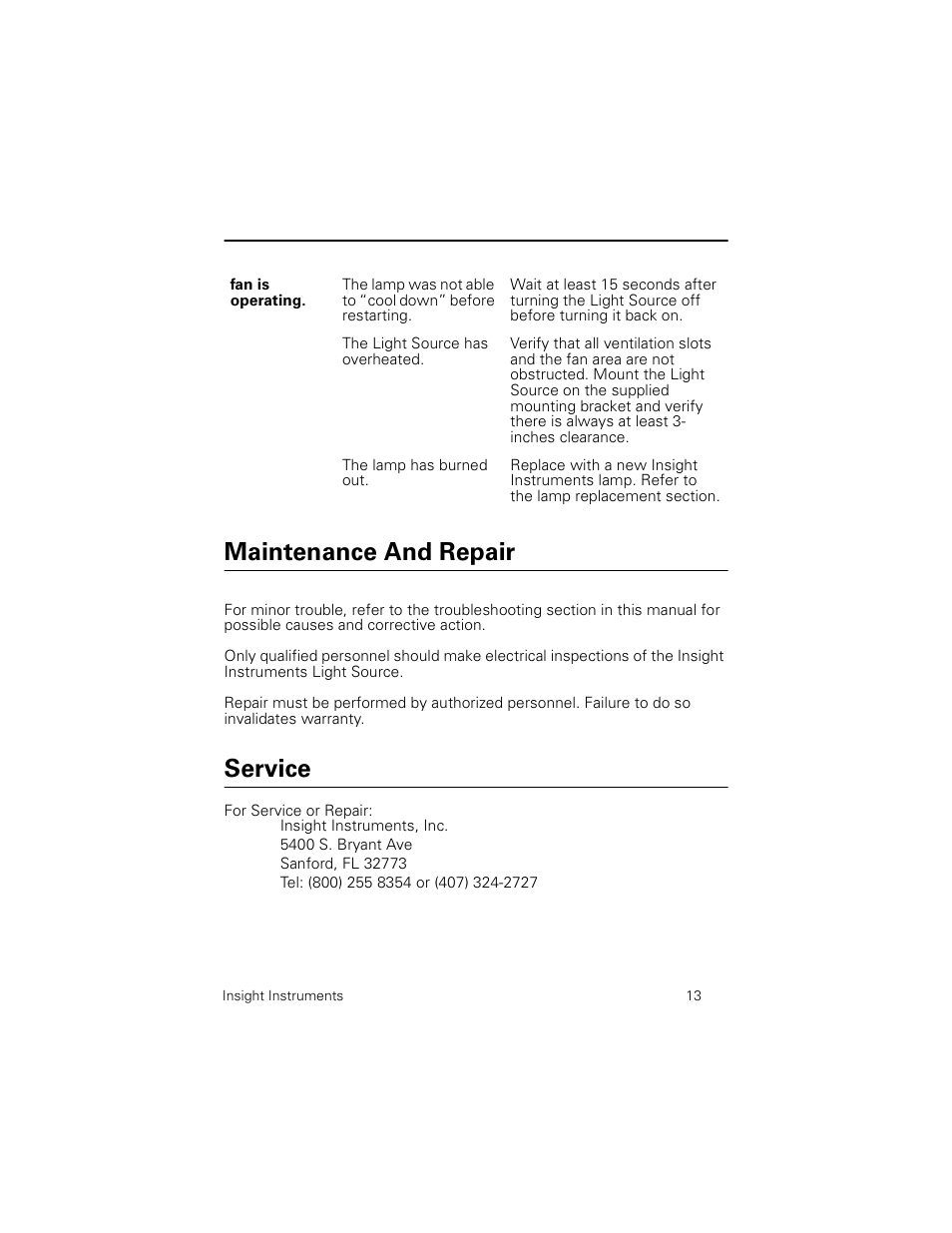 Maintenance and repair, Service, Insight instruments, inc | 5400 s. bryant ave, Sanford, fl 32773, Tel: (800) 255 8354 or (407) 324-2727 | Welch Allyn Insight Instruments Solarc Light Source - User Manual User Manual | Page 17 / 20