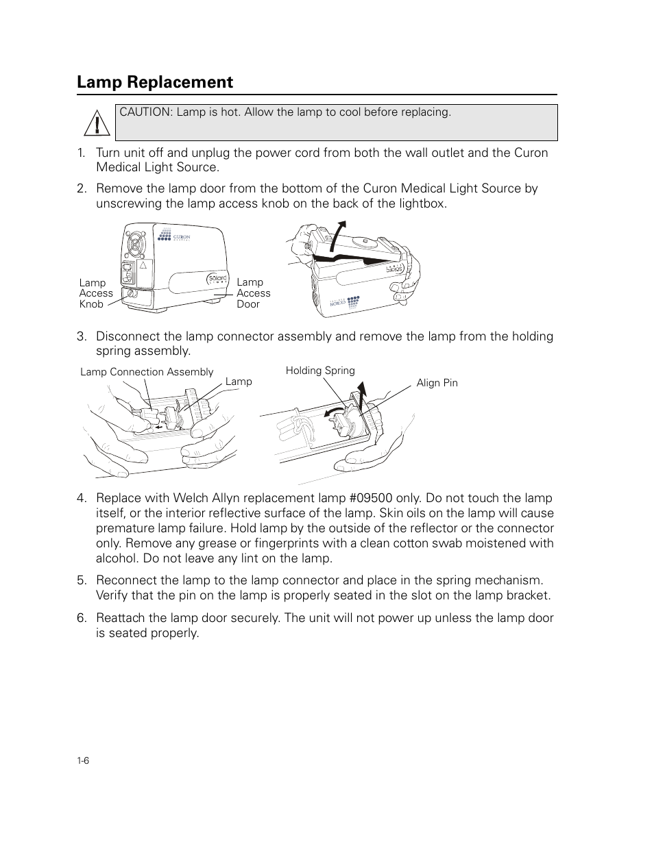 Lamp replacement | Welch Allyn Curon Medical Light Source - User Manual User Manual | Page 10 / 182