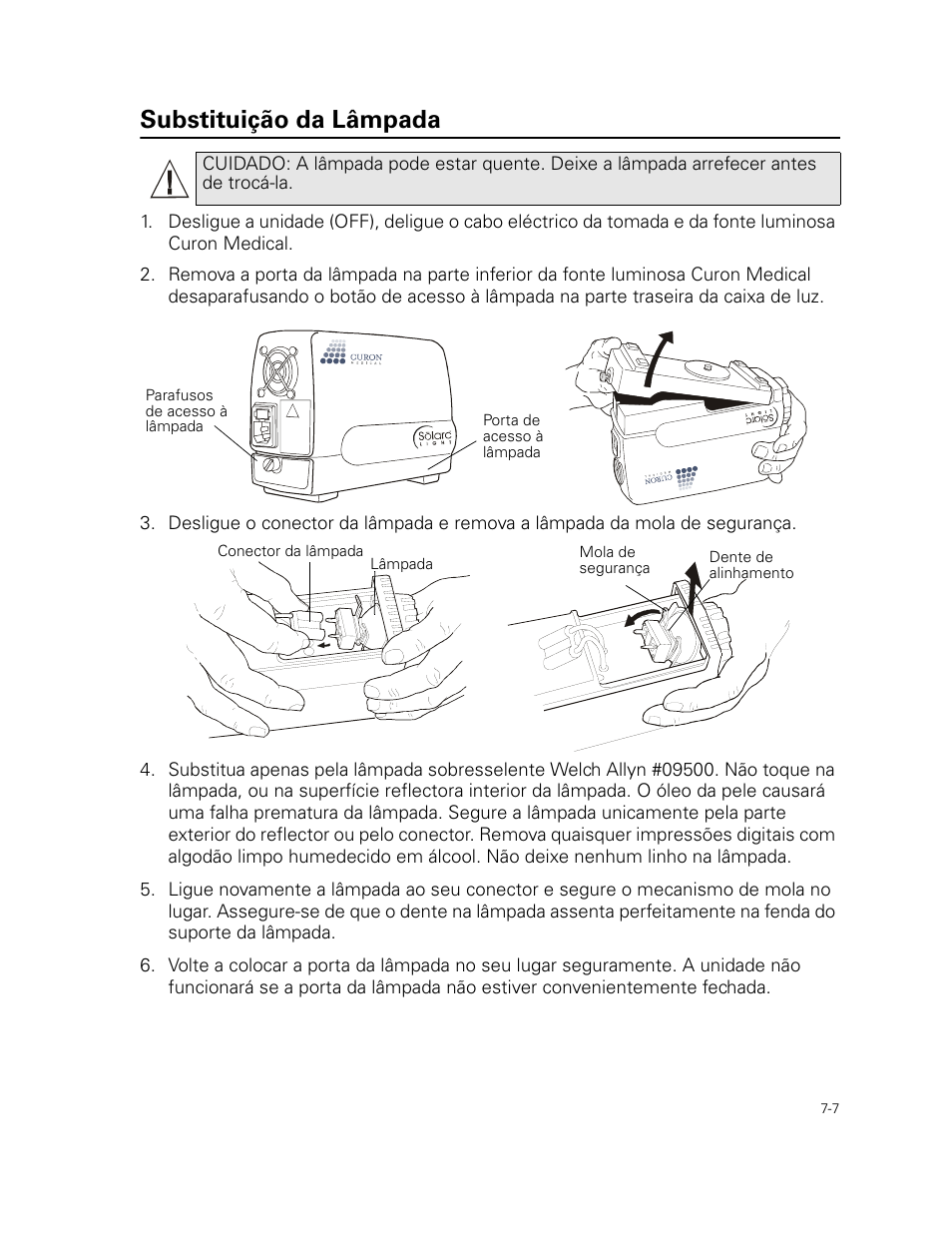 Substituição da lâmpada | Welch Allyn Curon Medical Light Source - User Manual User Manual | Page 101 / 182