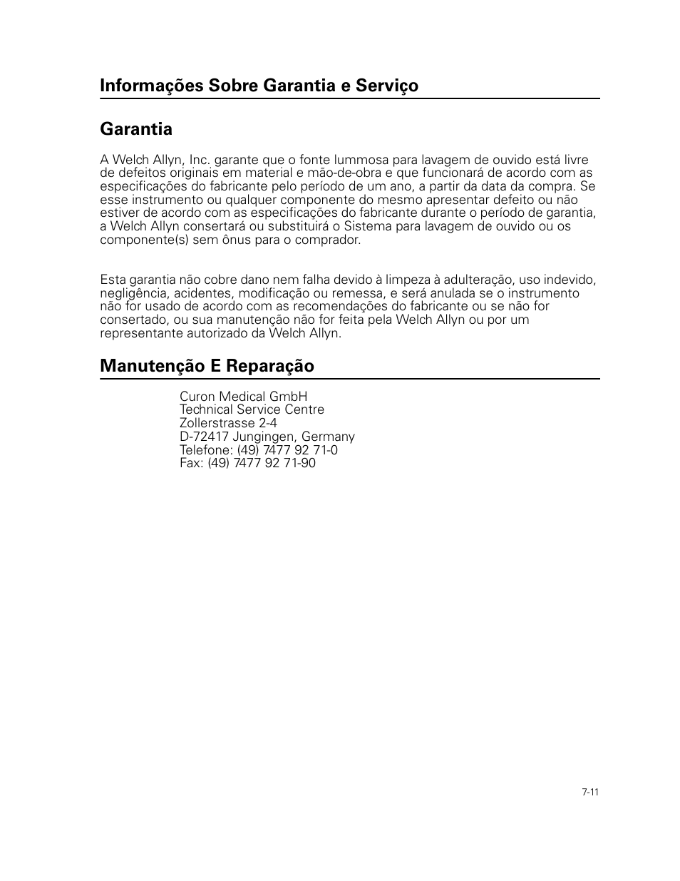 Informações sobre garantia e serviço, Garantia, Manutenção e reparação | Informações sobre garantia e serviço garantia | Welch Allyn Curon Medical Light Source - User Manual User Manual | Page 105 / 182