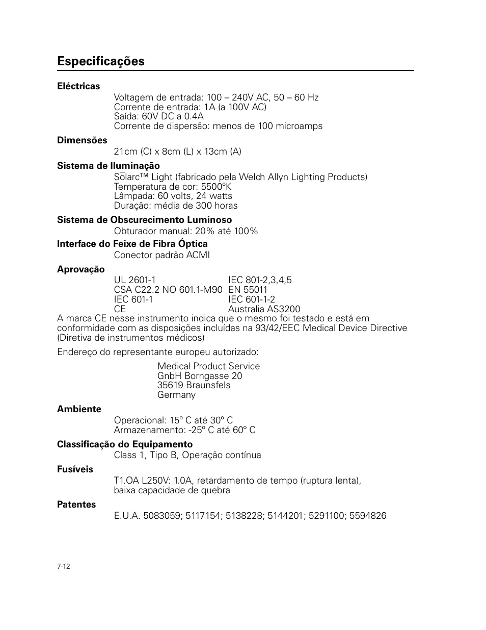 Especificações | Welch Allyn Curon Medical Light Source - User Manual User Manual | Page 106 / 182