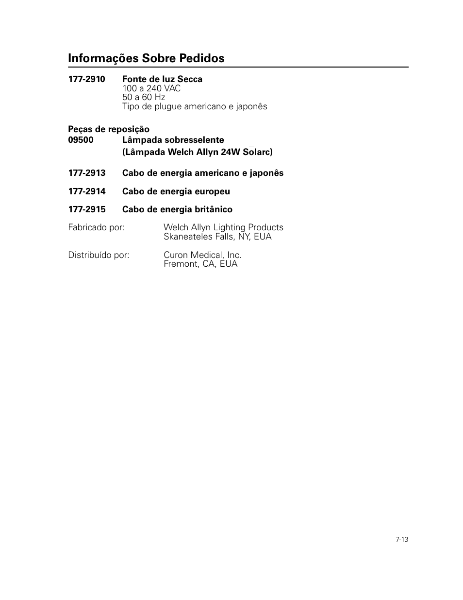 Informações sobre pedidos | Welch Allyn Curon Medical Light Source - User Manual User Manual | Page 107 / 182