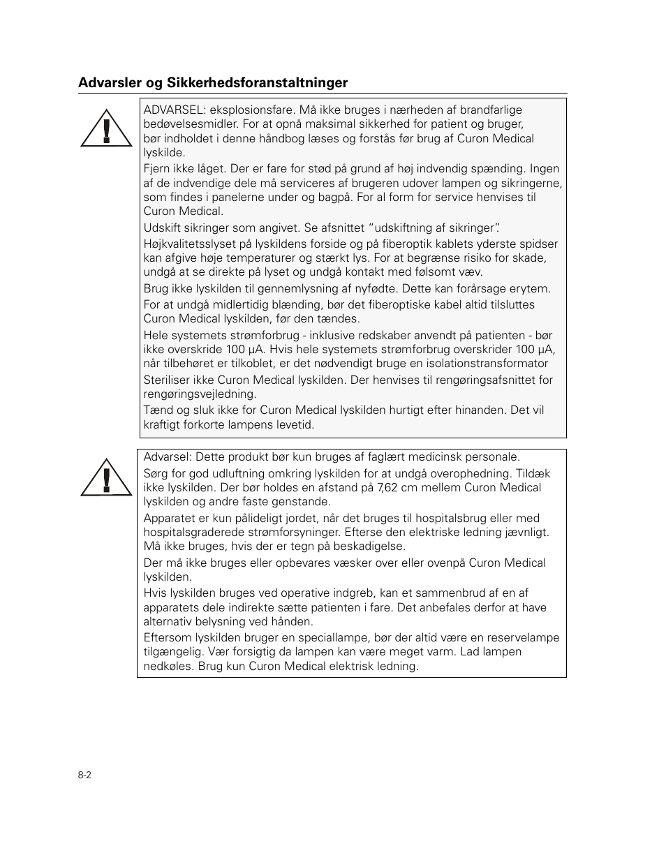 Advarsler og sikkerhedsforanstaltninger | Welch Allyn Curon Medical Light Source - User Manual User Manual | Page 112 / 182