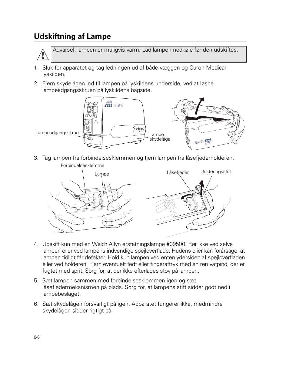 Udskiftning af lampe | Welch Allyn Curon Medical Light Source - User Manual User Manual | Page 116 / 182
