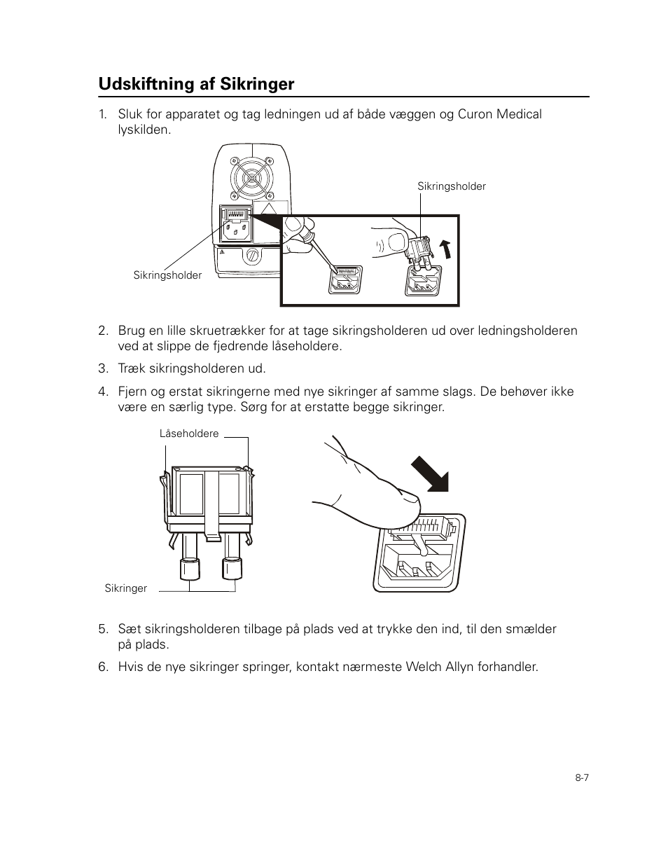 Udskiftning af sikringer | Welch Allyn Curon Medical Light Source - User Manual User Manual | Page 117 / 182