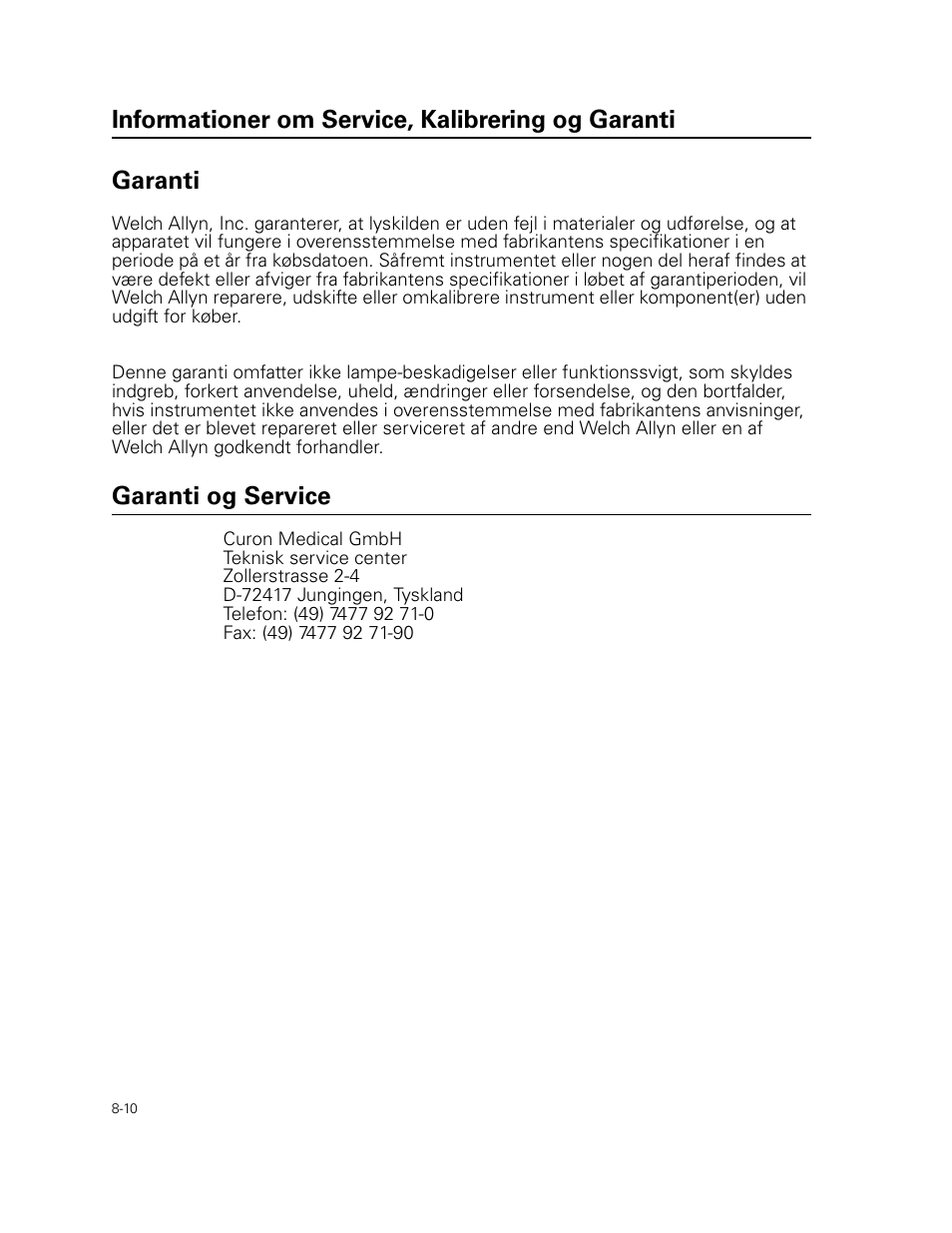 Informationer om service, kalibrering og garanti, Garanti, Garanti og service | Welch Allyn Curon Medical Light Source - User Manual User Manual | Page 120 / 182
