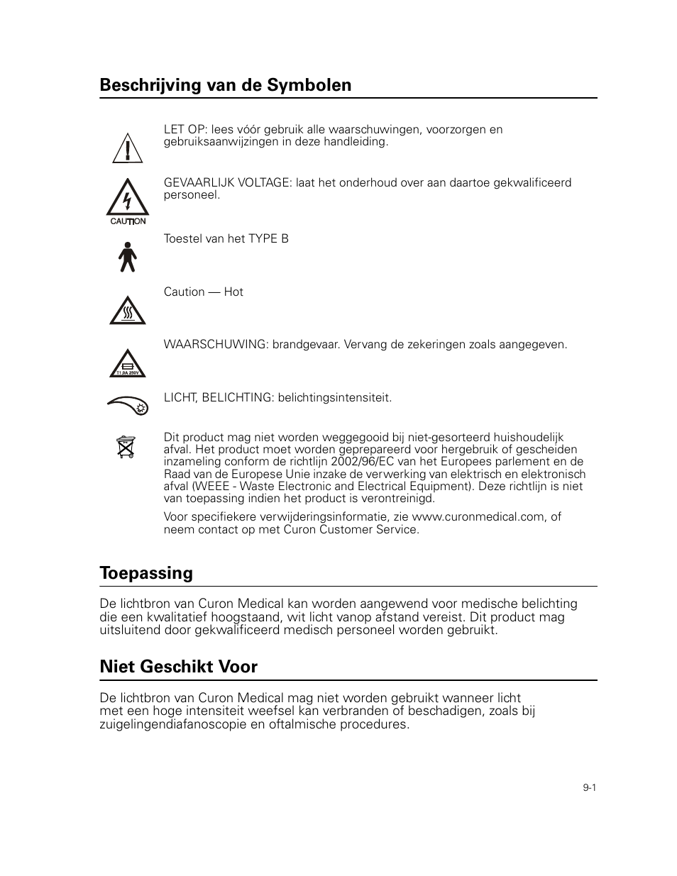 Beschrijving van de symbolen, Toepassing, Niet geschikt voor | Beschrijving van de symbolen toepassing | Welch Allyn Curon Medical Light Source - User Manual User Manual | Page 125 / 182