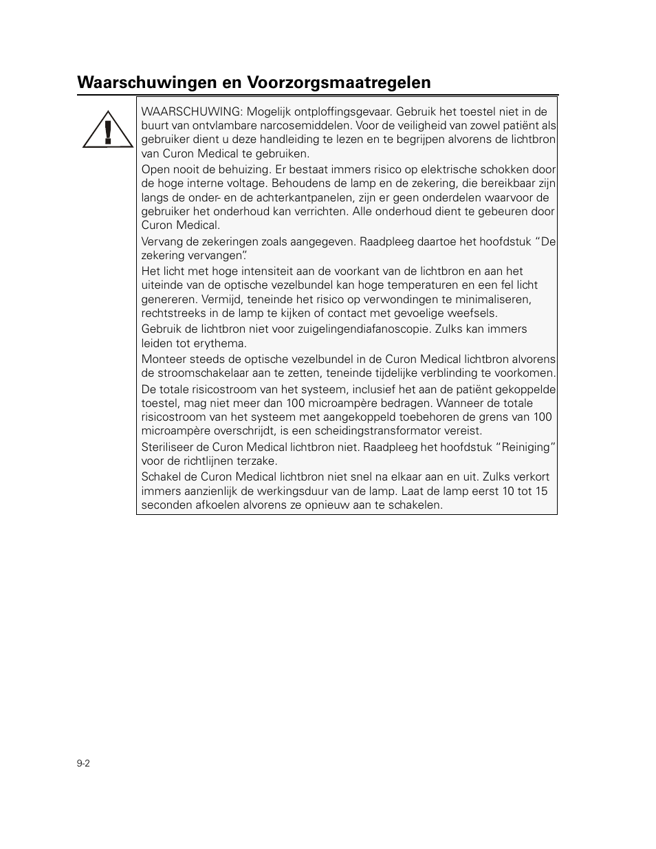 Waarschuwingen en voorzorgsmaatregelen | Welch Allyn Curon Medical Light Source - User Manual User Manual | Page 126 / 182