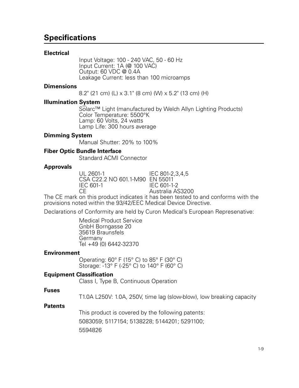 Specifications | Welch Allyn Curon Medical Light Source - User Manual User Manual | Page 13 / 182