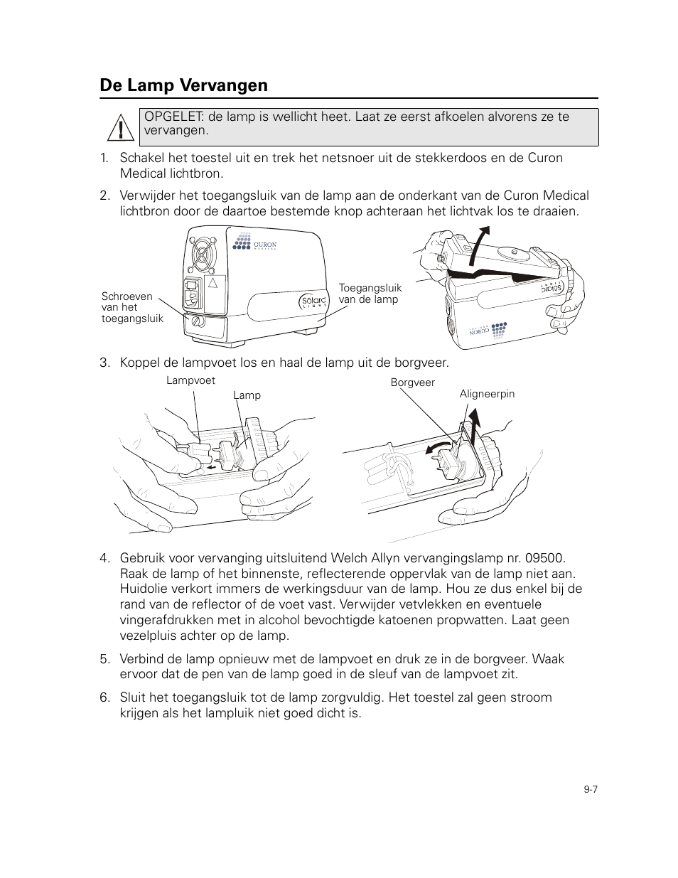 De lamp vervangen | Welch Allyn Curon Medical Light Source - User Manual User Manual | Page 131 / 182