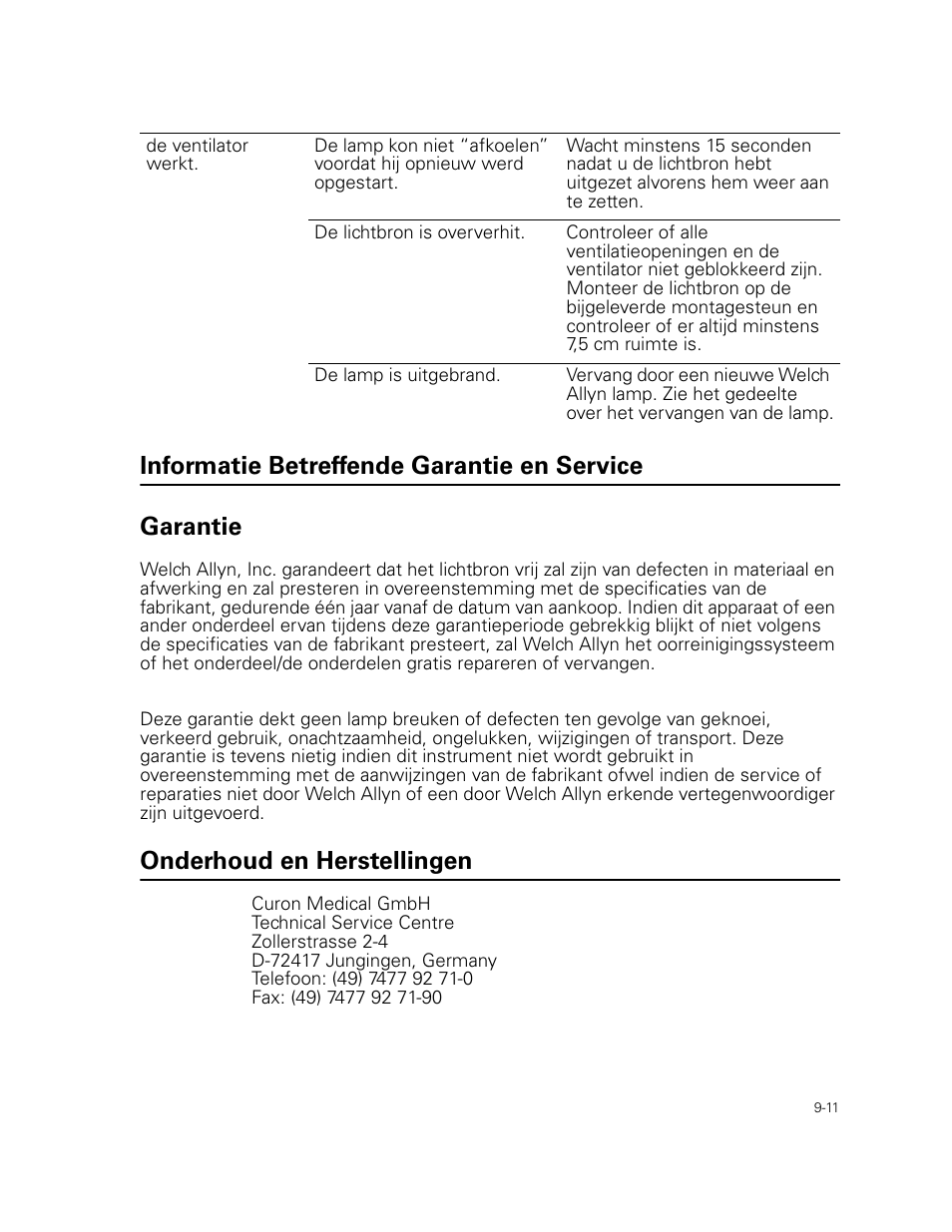 Informatie betreffende garantie en service, Garantie, Onderhoud en herstellingen | Welch Allyn Curon Medical Light Source - User Manual User Manual | Page 135 / 182