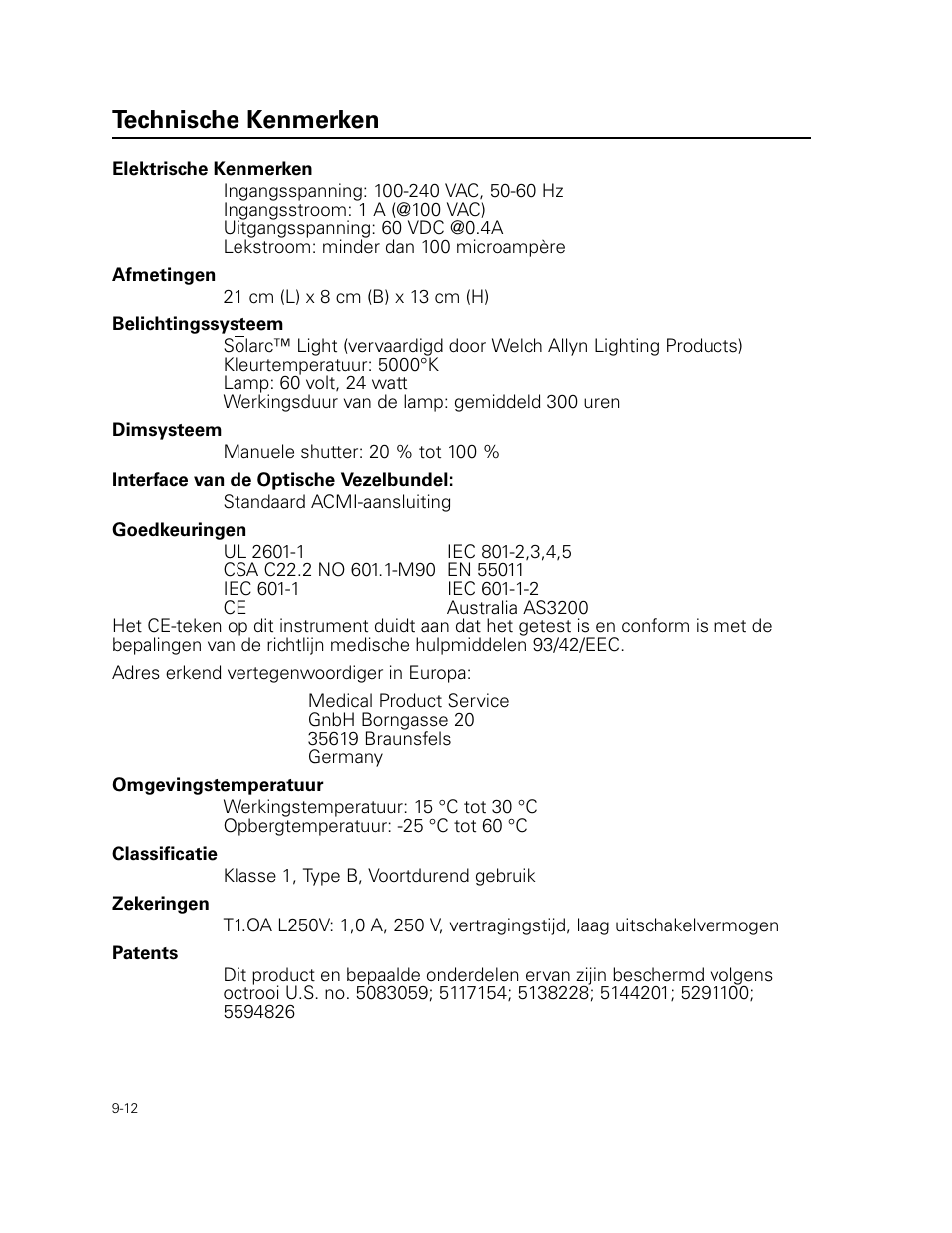 Technische kenmerken | Welch Allyn Curon Medical Light Source - User Manual User Manual | Page 136 / 182