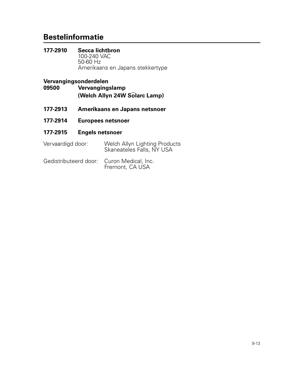 Bestelinformatie | Welch Allyn Curon Medical Light Source - User Manual User Manual | Page 137 / 182