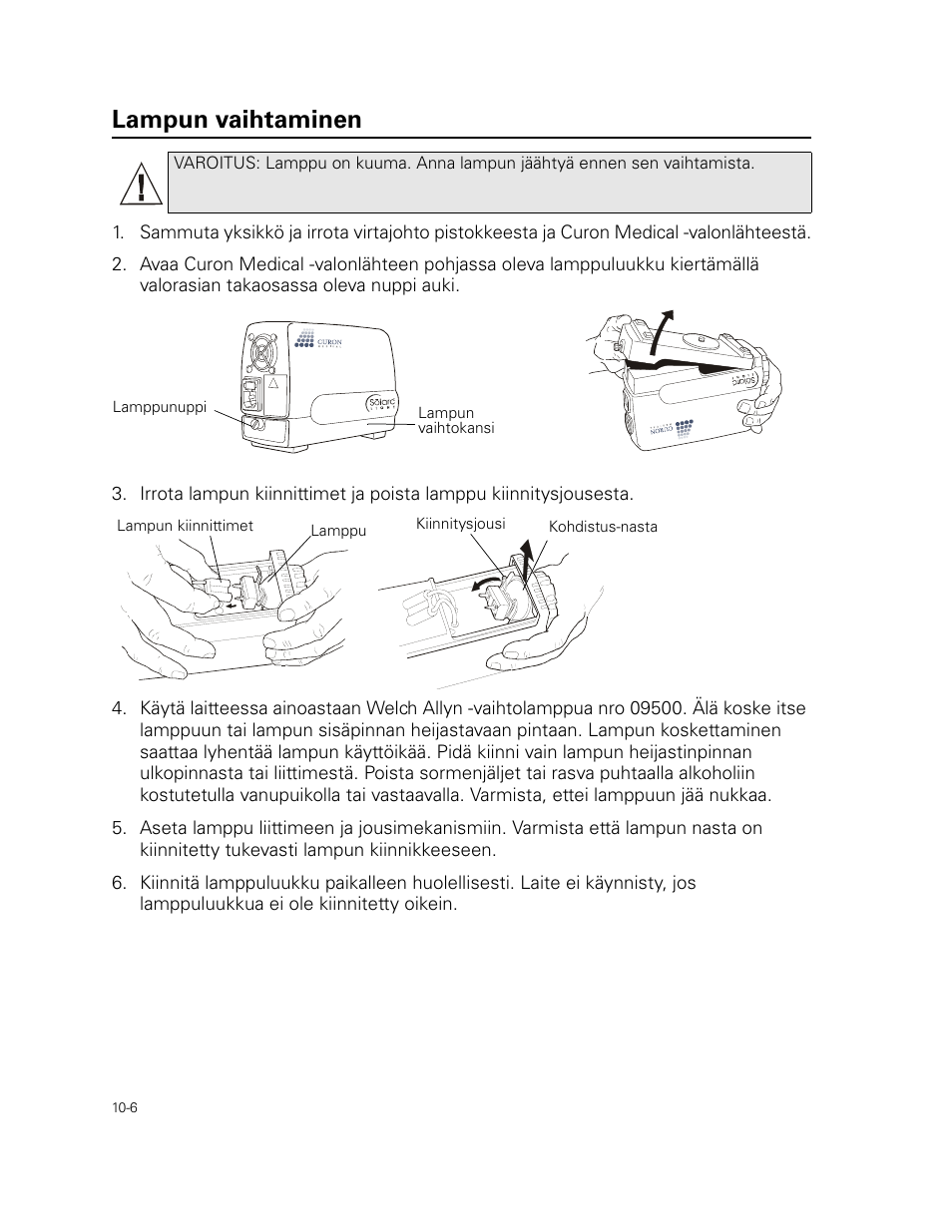 Lampun vaihtaminen | Welch Allyn Curon Medical Light Source - User Manual User Manual | Page 146 / 182