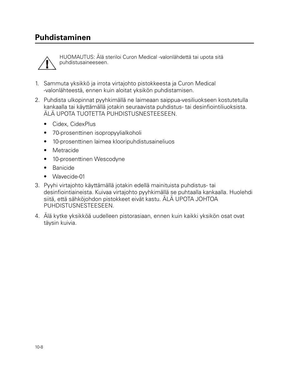 Puhdistaminen | Welch Allyn Curon Medical Light Source - User Manual User Manual | Page 148 / 182