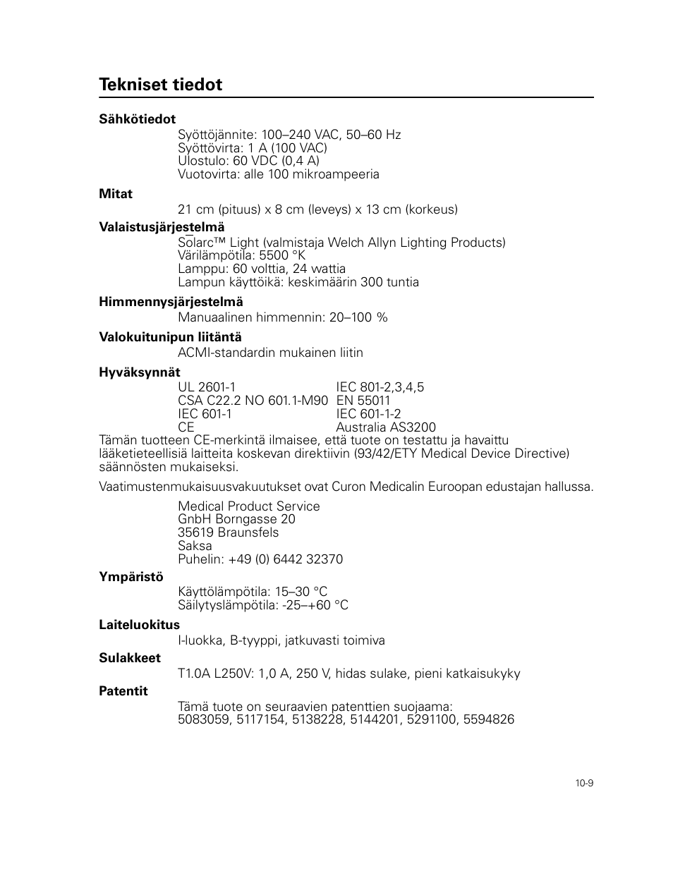 Tekniset tiedot | Welch Allyn Curon Medical Light Source - User Manual User Manual | Page 149 / 182
