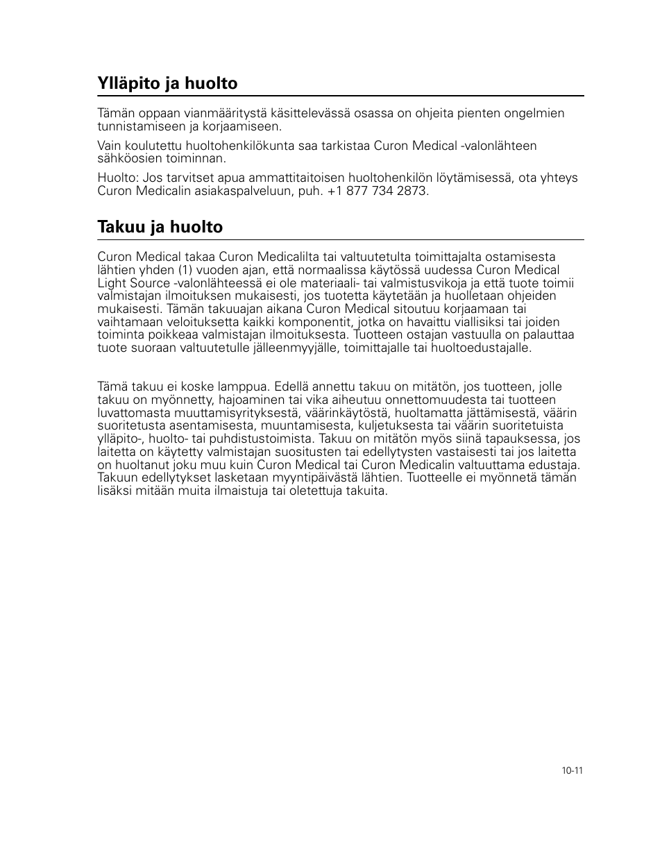 Ylläpito ja huolto, Takuu ja huolto | Welch Allyn Curon Medical Light Source - User Manual User Manual | Page 151 / 182