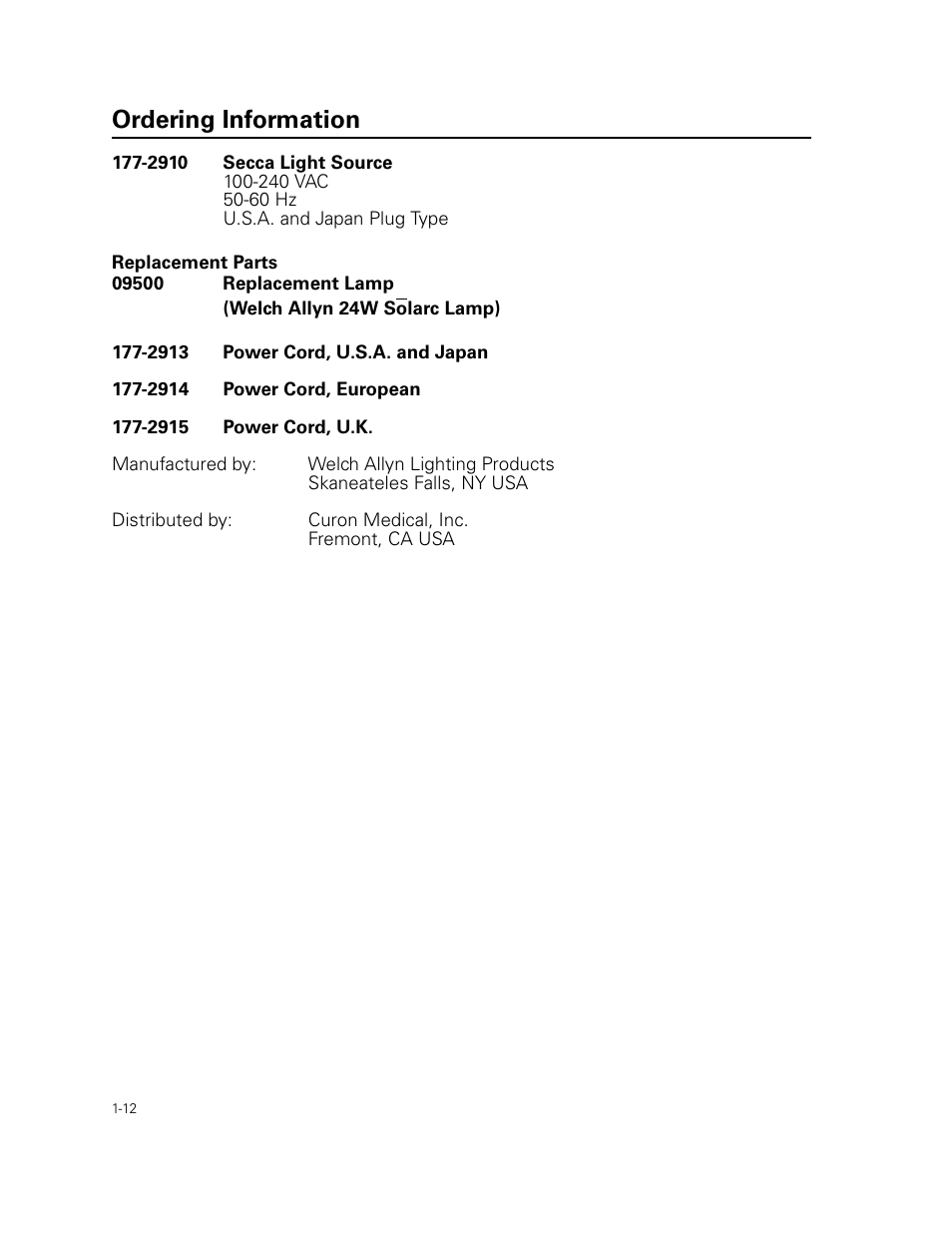 Ordering information | Welch Allyn Curon Medical Light Source - User Manual User Manual | Page 16 / 182
