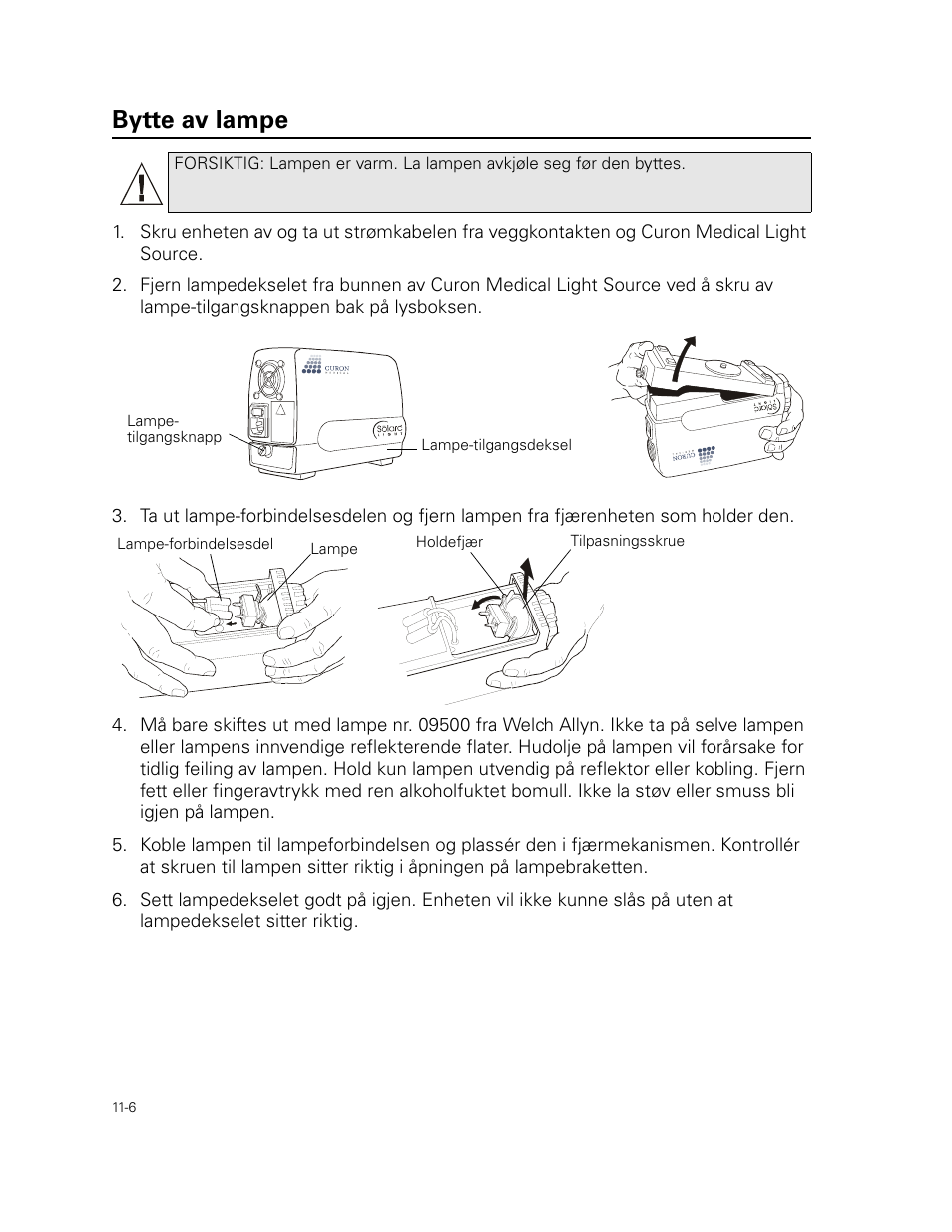 Bytte av lampe | Welch Allyn Curon Medical Light Source - User Manual User Manual | Page 160 / 182
