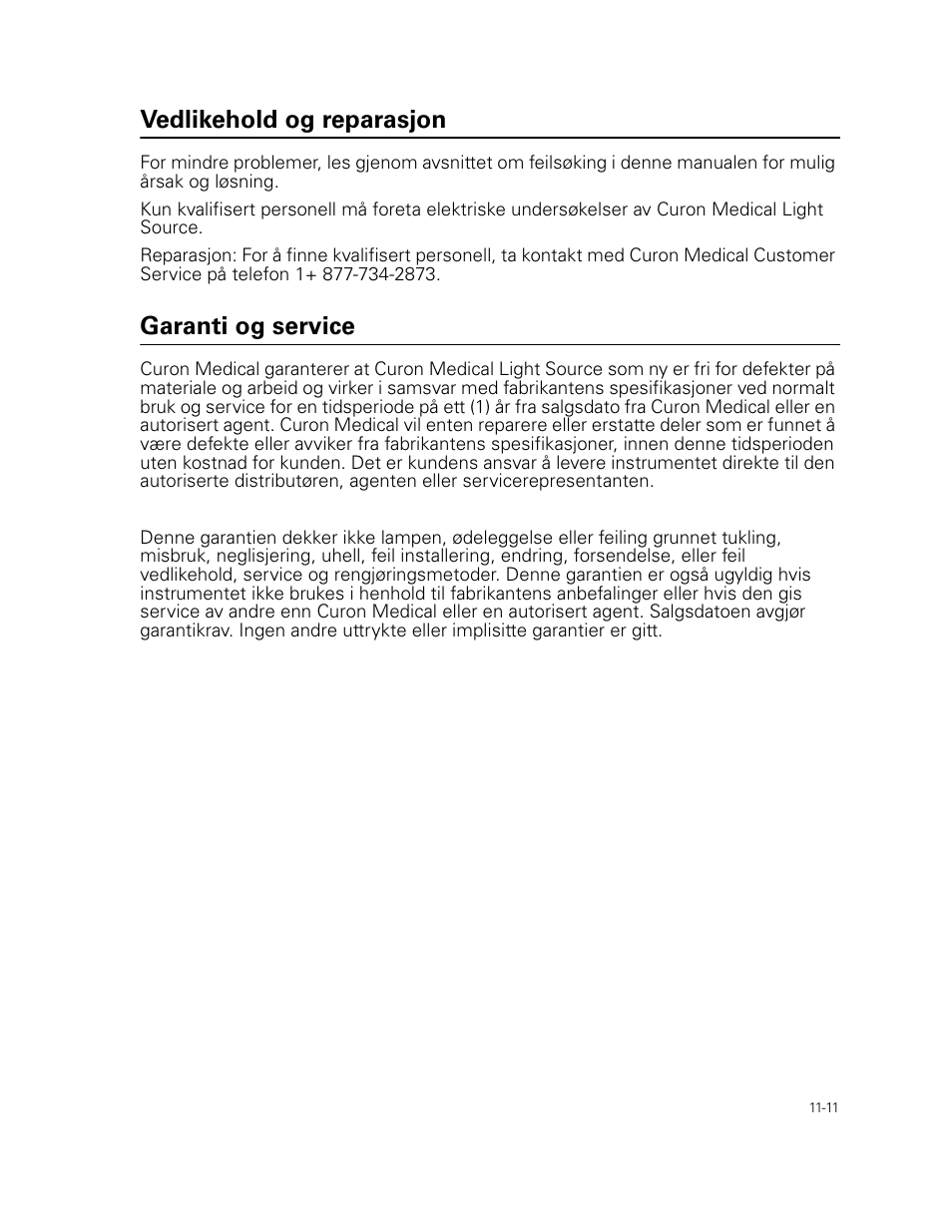 Vedlikehold og reparasjon, Garanti og service | Welch Allyn Curon Medical Light Source - User Manual User Manual | Page 165 / 182