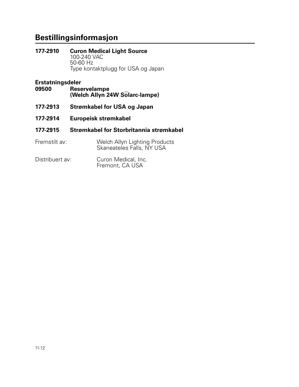 Bestillingsinformasjon | Welch Allyn Curon Medical Light Source - User Manual User Manual | Page 166 / 182