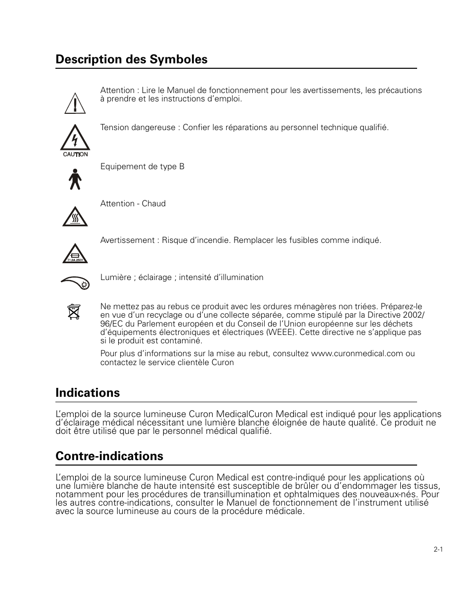 Description des symboles, Indications, Contre-indications | Description des symboles indications | Welch Allyn Curon Medical Light Source - User Manual User Manual | Page 19 / 182