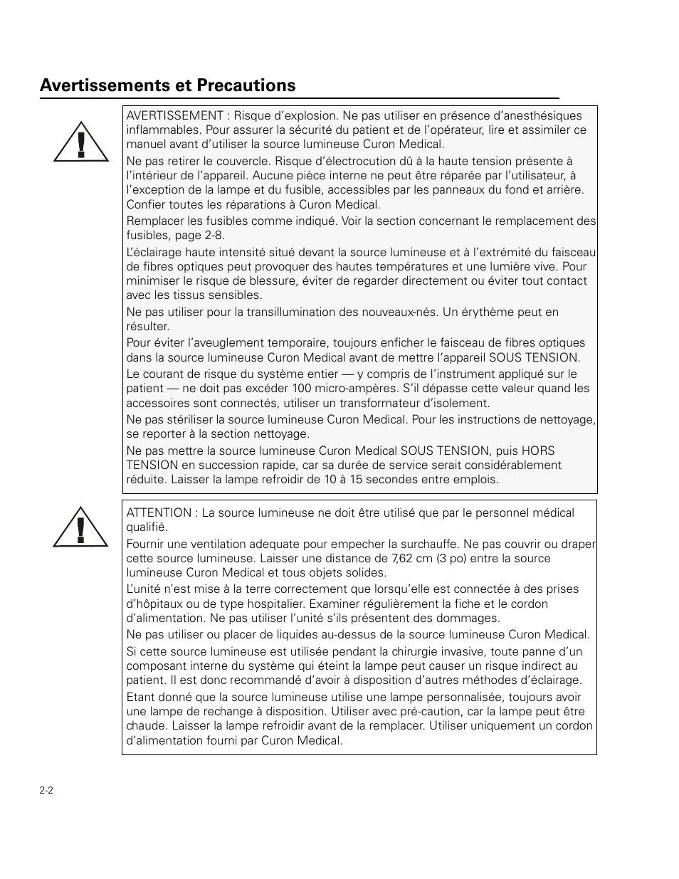 Avertissements et precautions | Welch Allyn Curon Medical Light Source - User Manual User Manual | Page 20 / 182