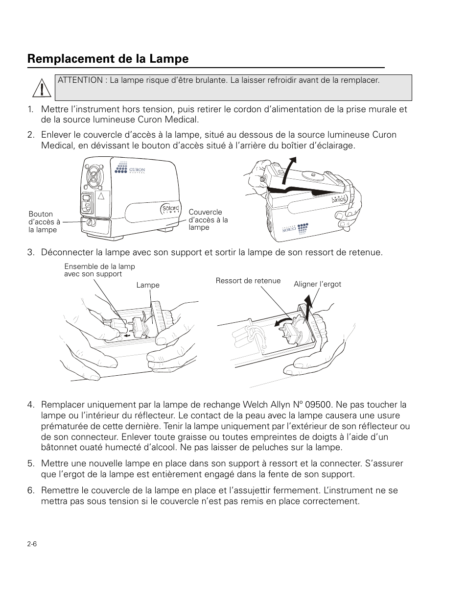 Remplacement de la lampe | Welch Allyn Curon Medical Light Source - User Manual User Manual | Page 24 / 182