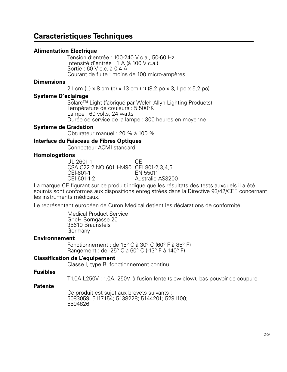 Caracteristiques techniques | Welch Allyn Curon Medical Light Source - User Manual User Manual | Page 27 / 182