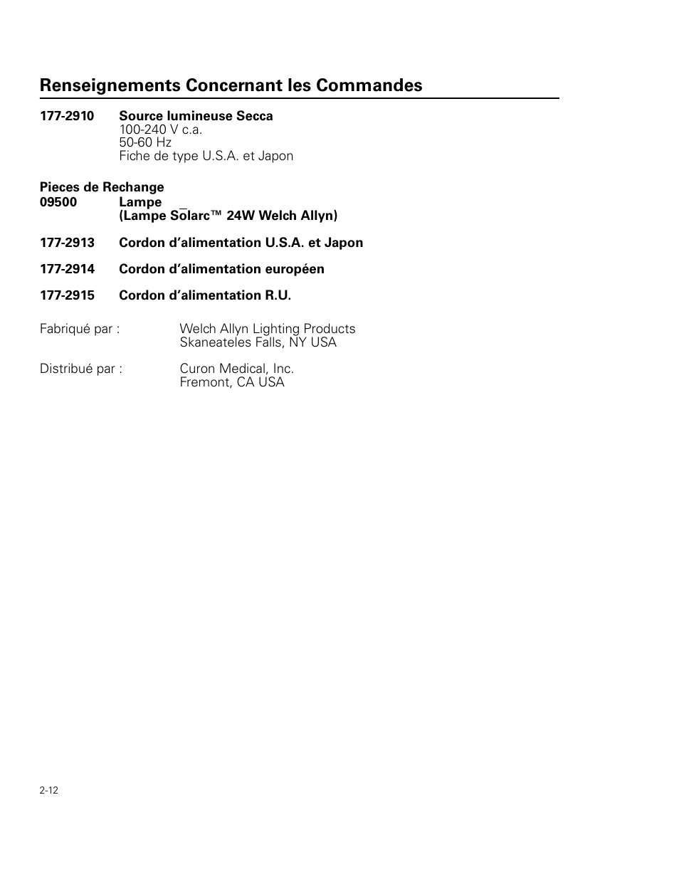 Renseignements concernant les commandes | Welch Allyn Curon Medical Light Source - User Manual User Manual | Page 30 / 182
