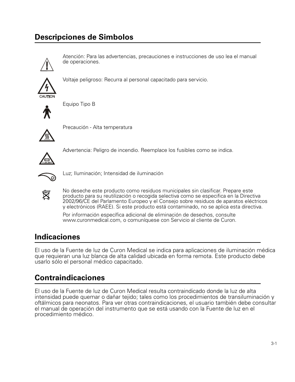 Descripciones de simbolos, Indicaciones, Contraindicaciones | Descripciones de simbolos indicaciones | Welch Allyn Curon Medical Light Source - User Manual User Manual | Page 33 / 182