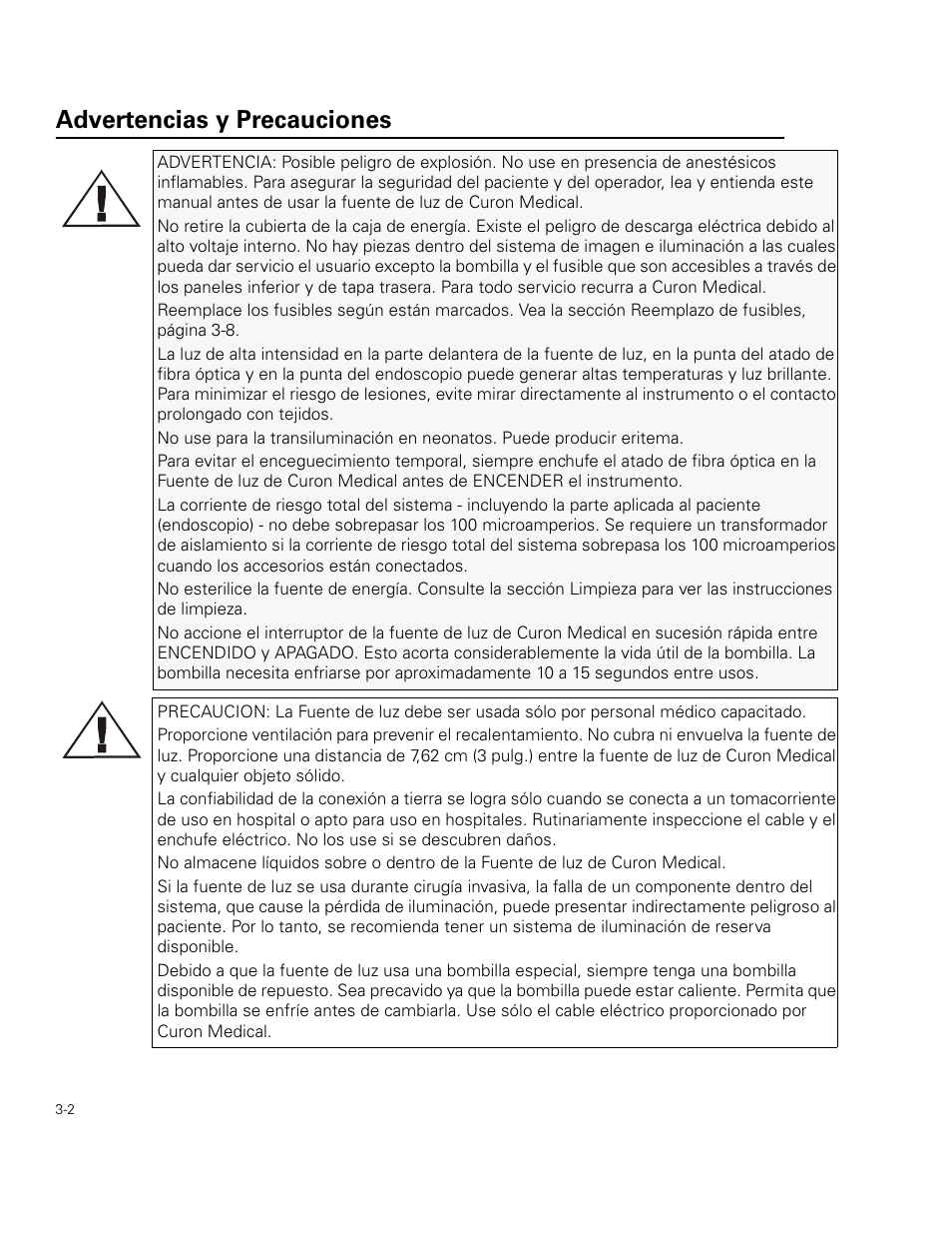Advertencias y precauciones | Welch Allyn Curon Medical Light Source - User Manual User Manual | Page 34 / 182