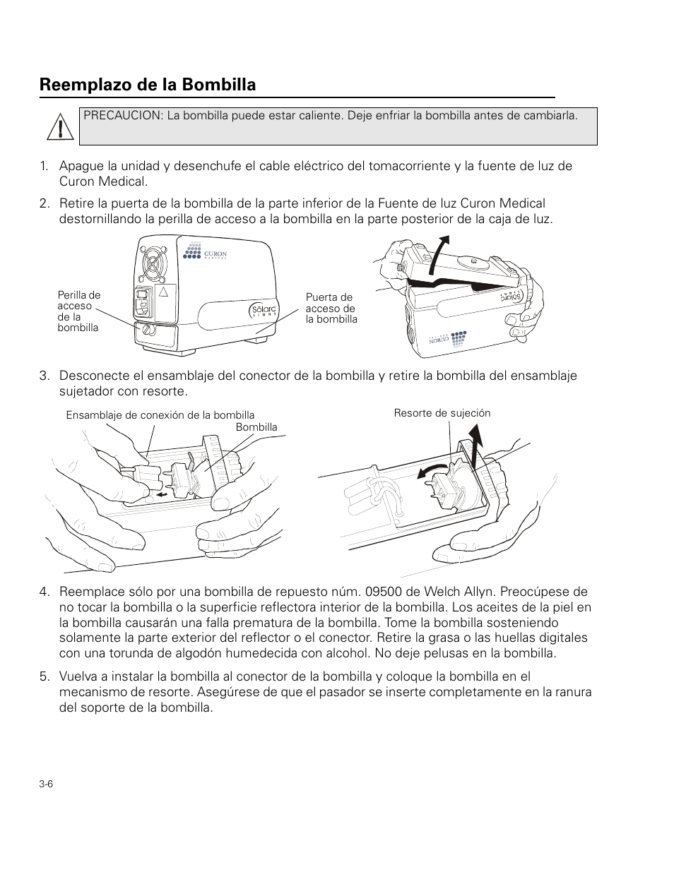 Reemplazo de la bombilla | Welch Allyn Curon Medical Light Source - User Manual User Manual | Page 38 / 182