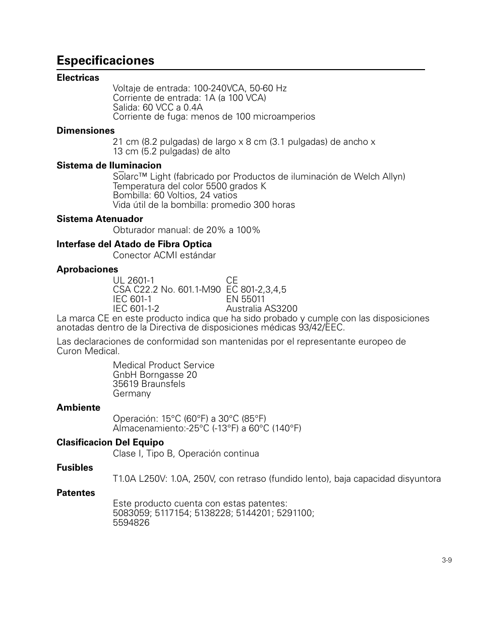 Especificaciones | Welch Allyn Curon Medical Light Source - User Manual User Manual | Page 41 / 182