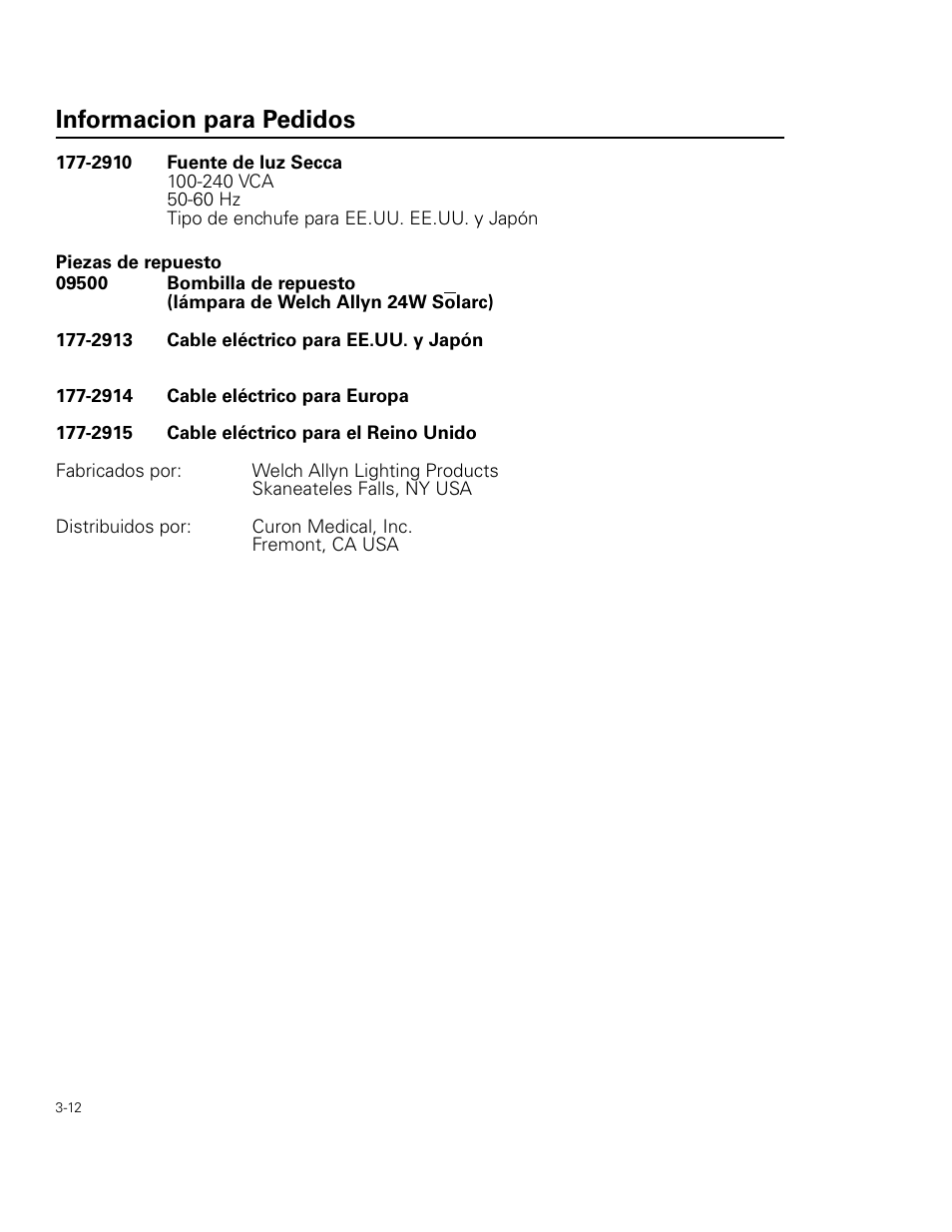 Informacion para pedidos | Welch Allyn Curon Medical Light Source - User Manual User Manual | Page 44 / 182
