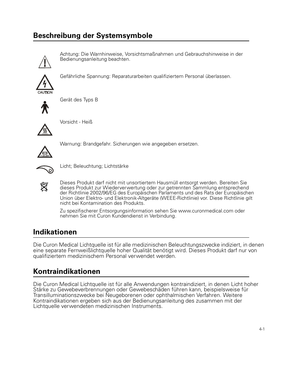 Beschreibung der systemsymbole, Indikationen, Kontraindikationen | Beschreibung der systemsymbole indikationen | Welch Allyn Curon Medical Light Source - User Manual User Manual | Page 47 / 182