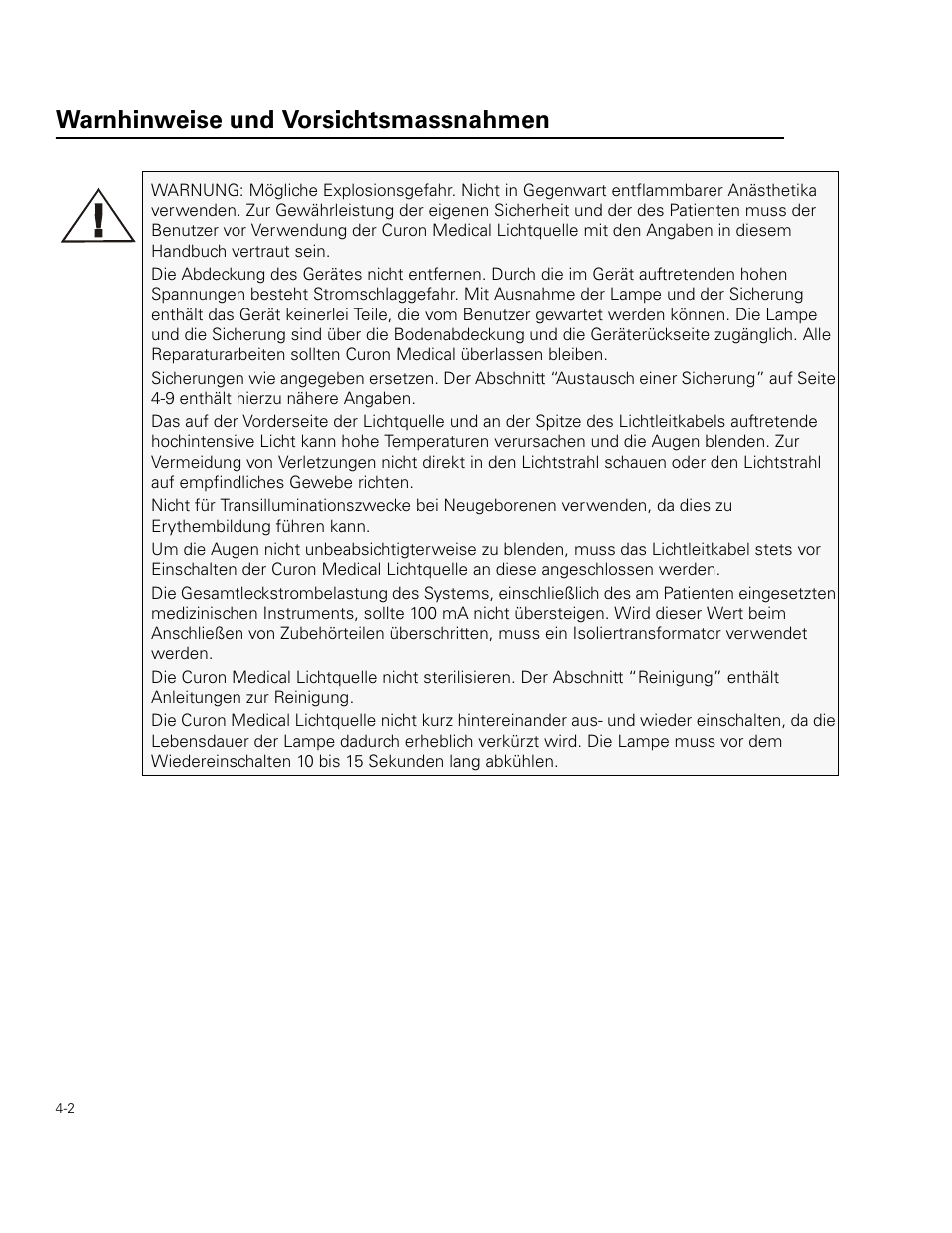 Warnhinweise und vorsichtsmassnahmen | Welch Allyn Curon Medical Light Source - User Manual User Manual | Page 48 / 182