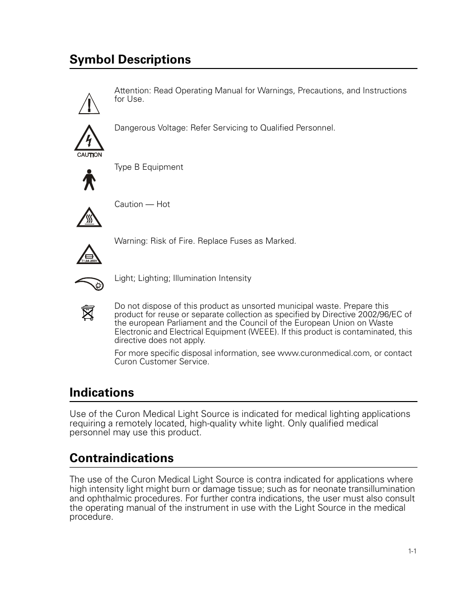 Symbol descriptions, Indications, Contraindications | Symbol descriptions indications | Welch Allyn Curon Medical Light Source - User Manual User Manual | Page 5 / 182