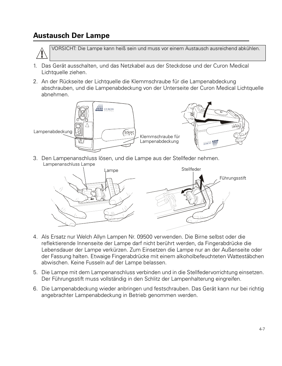 Austausch der lampe | Welch Allyn Curon Medical Light Source - User Manual User Manual | Page 53 / 182