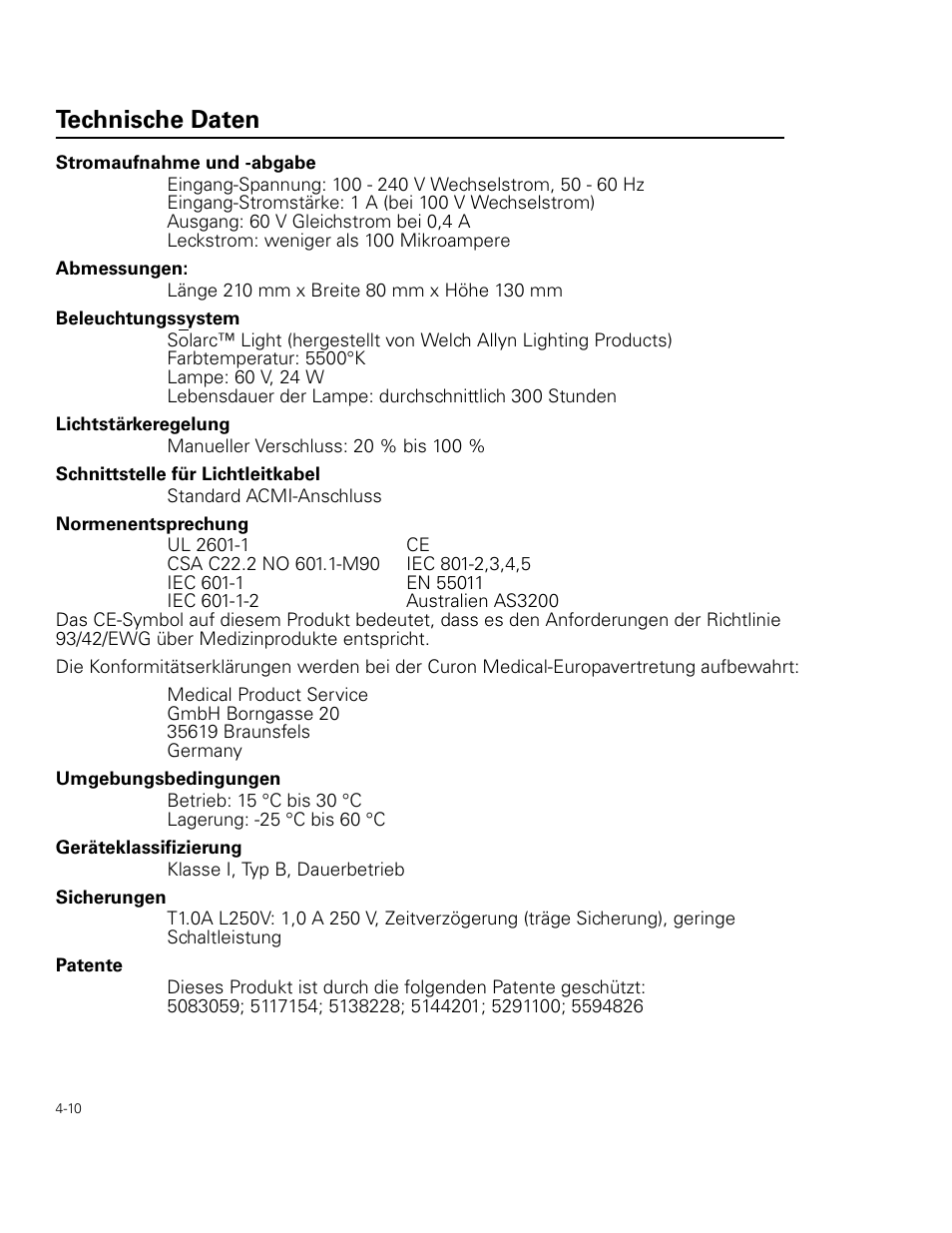Technische daten | Welch Allyn Curon Medical Light Source - User Manual User Manual | Page 56 / 182