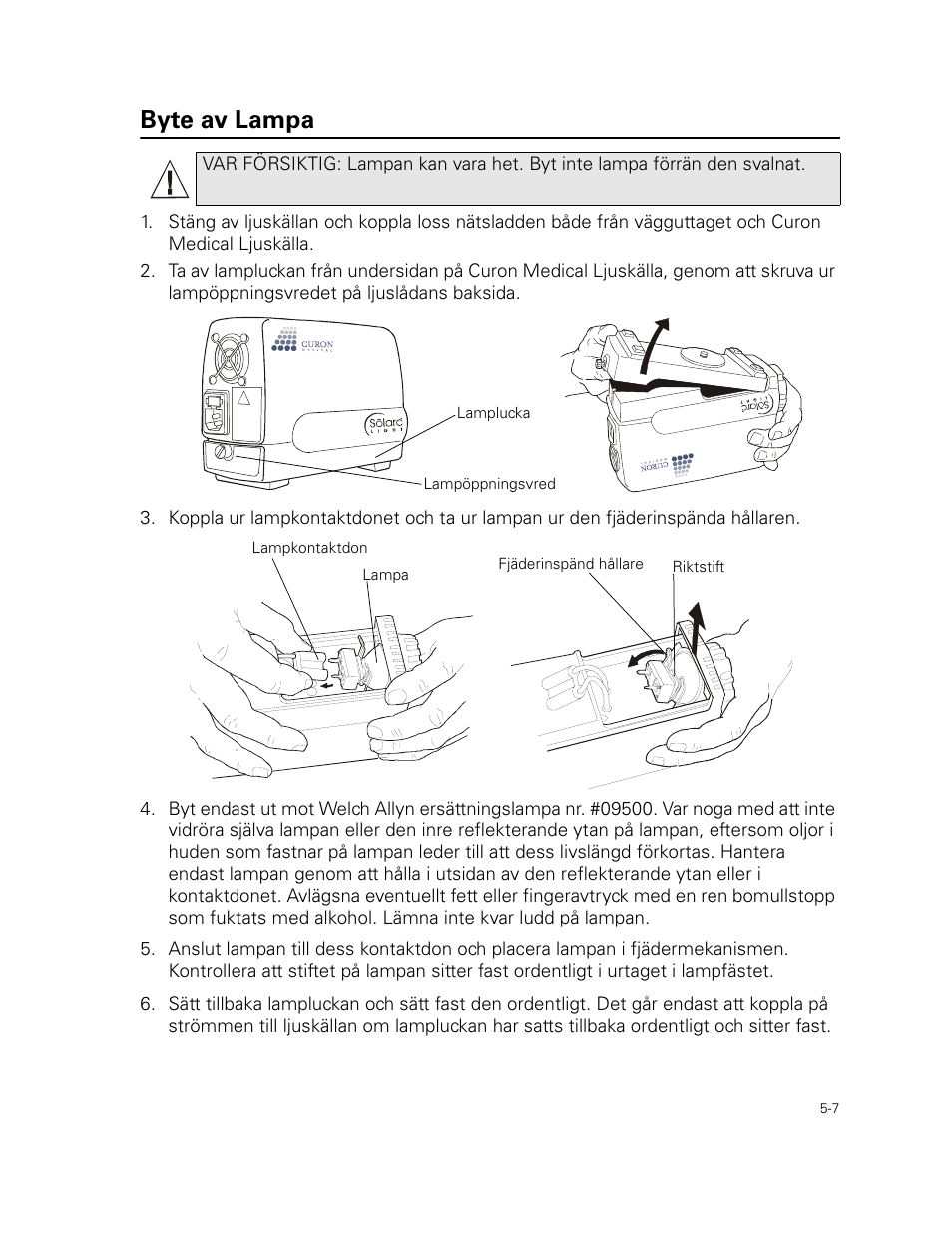 Byte av lampa | Welch Allyn Curon Medical Light Source - User Manual User Manual | Page 69 / 182