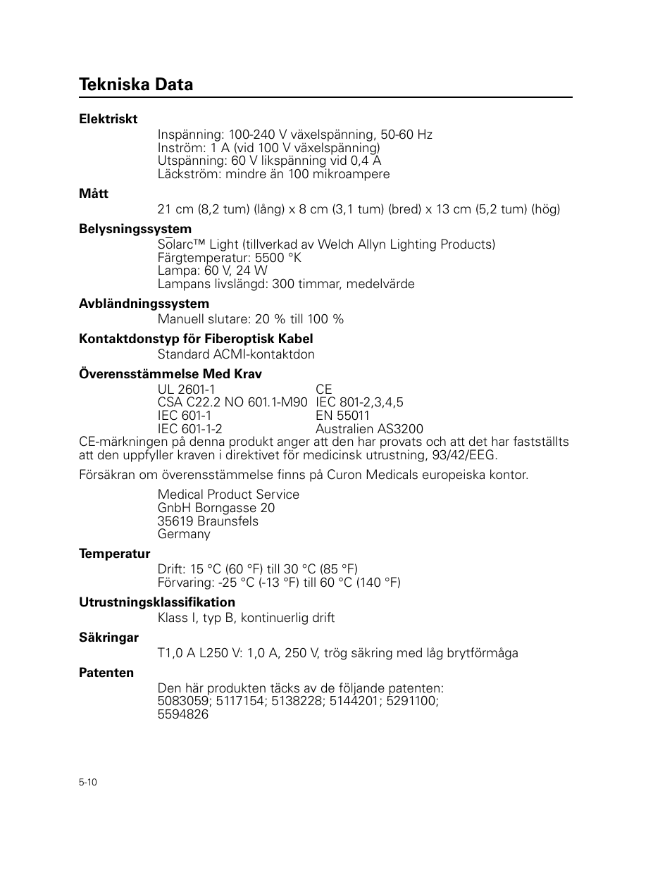 Tekniska data | Welch Allyn Curon Medical Light Source - User Manual User Manual | Page 72 / 182