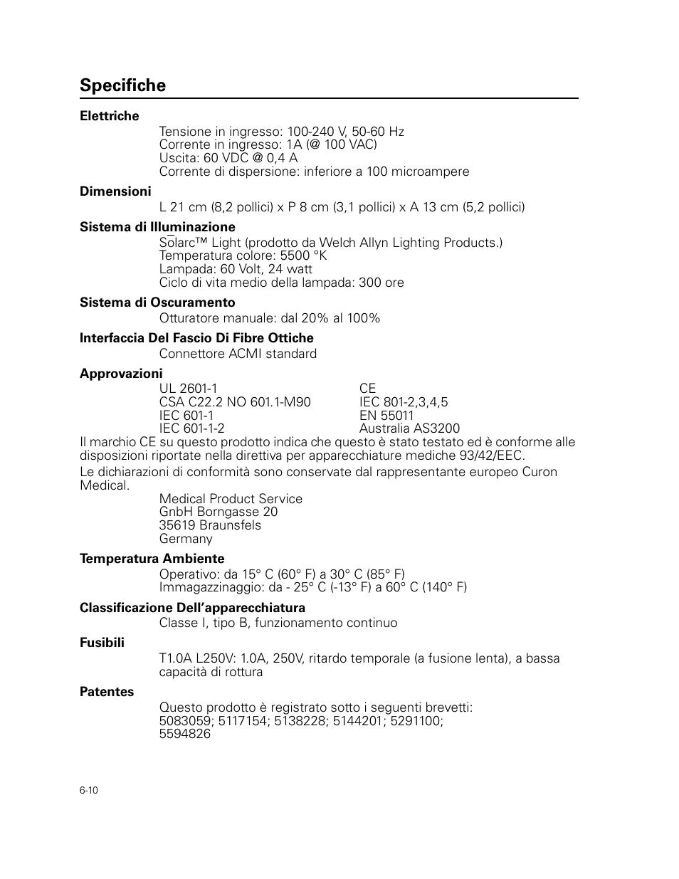 Specifiche | Welch Allyn Curon Medical Light Source - User Manual User Manual | Page 88 / 182