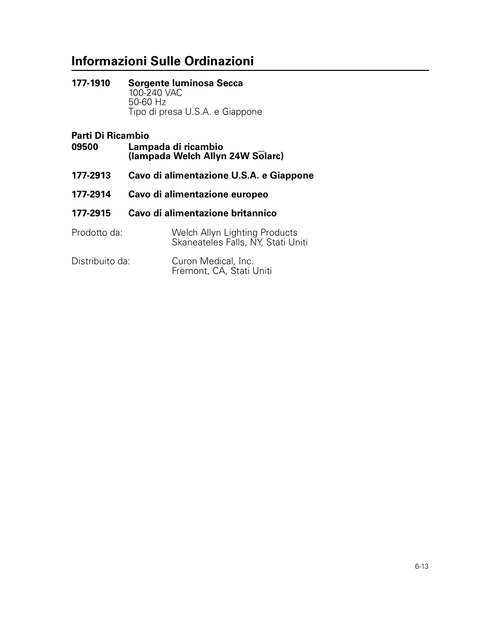 Informazioni sulle ordinazioni | Welch Allyn Curon Medical Light Source - User Manual User Manual | Page 91 / 182