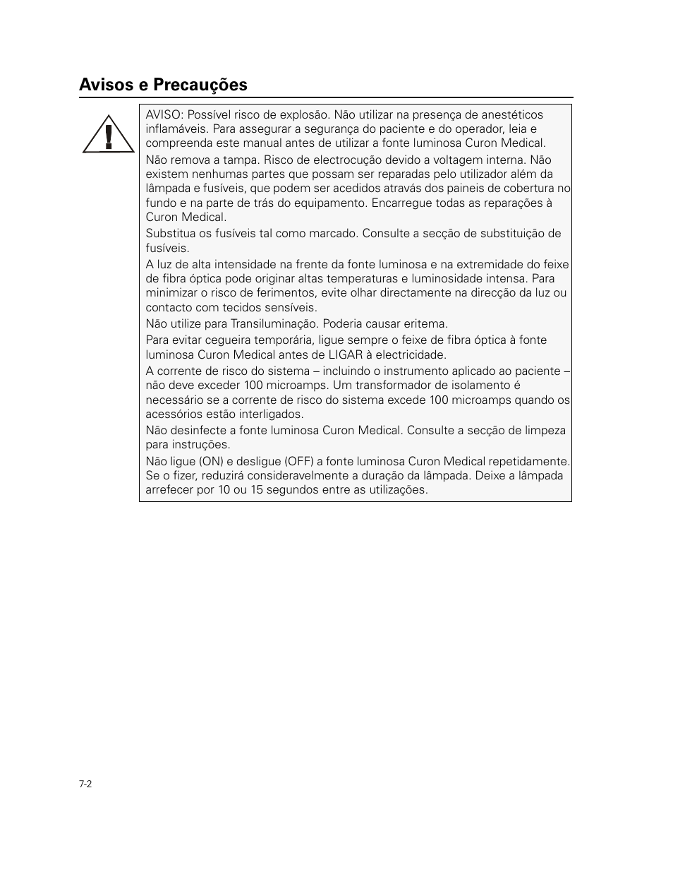 Avisos e precauções | Welch Allyn Curon Medical Light Source - User Manual User Manual | Page 96 / 182