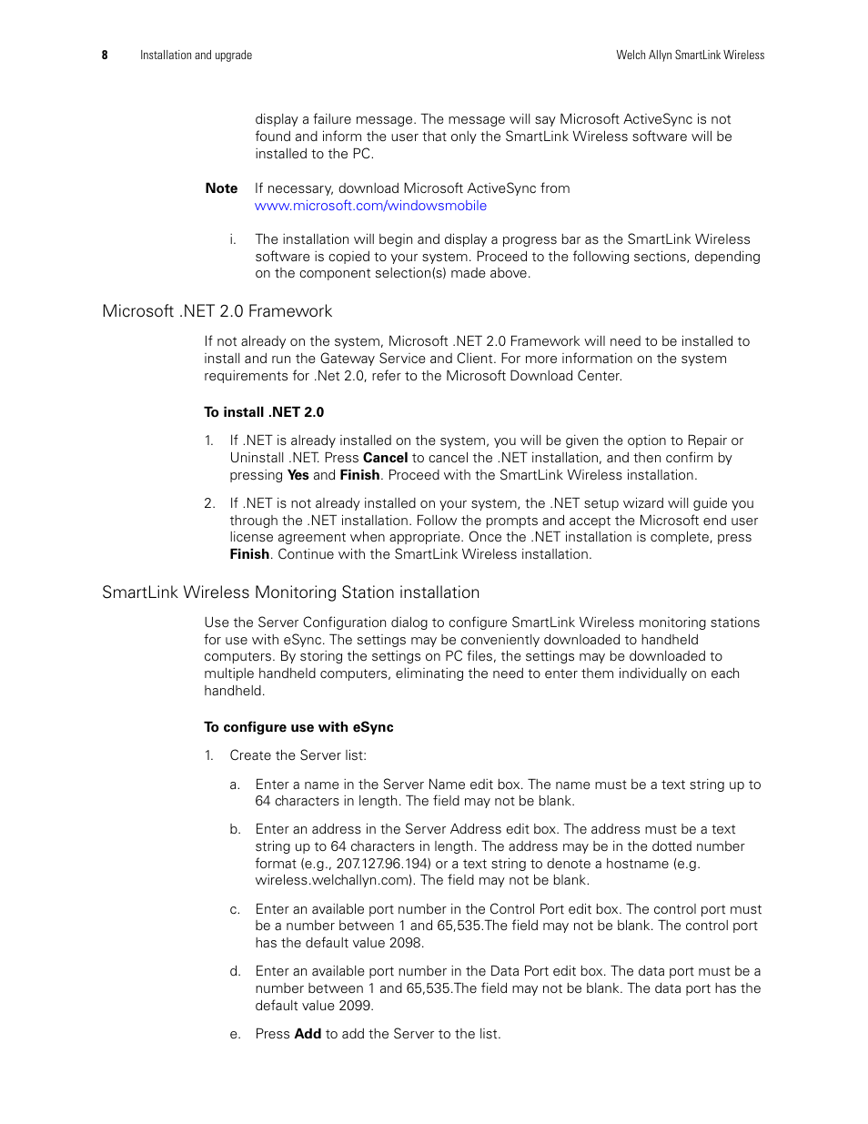 Microsoft .net 2.0 framework, Smartlink wireless monitoring station, Installation | Welch Allyn SmartLinkTM Wireless - User Manual User Manual | Page 12 / 42