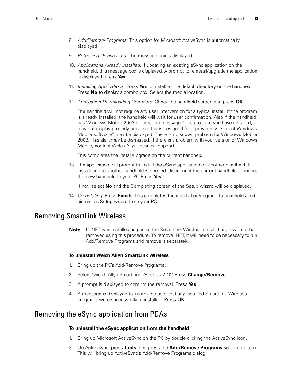 Removing smartlink wireless, Removing the esync application from pdas | Welch Allyn SmartLinkTM Wireless - User Manual User Manual | Page 17 / 42